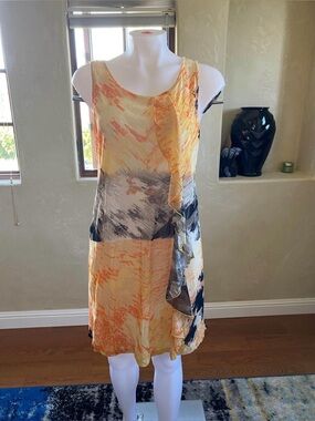 Beautiful Colorful Orange Black Ruffle Boutique Sleeveless Dress Sz 10